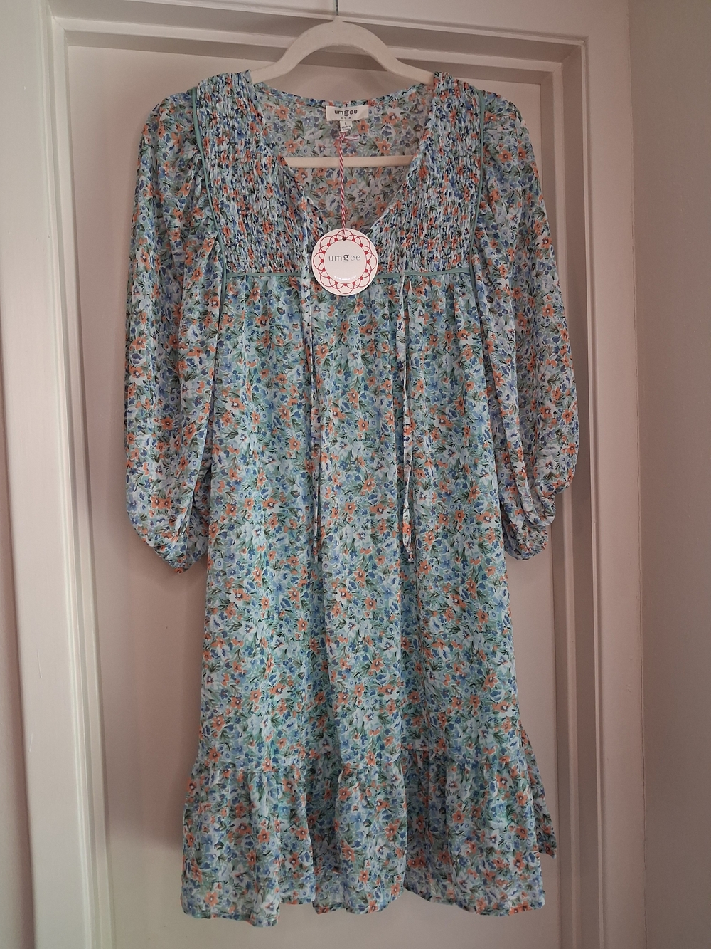Umgee Light Blue Floral Smocked Yoke Mini Dress